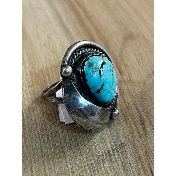 Vintage Blue Turquoise Leaf Ring, Sterling Silver Native American Ring Sz 5.5 - Picture 5 of 10